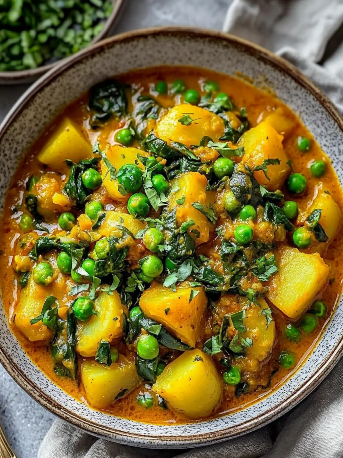 Veganes Kartoffelcurry mit Spinat & Erbsen