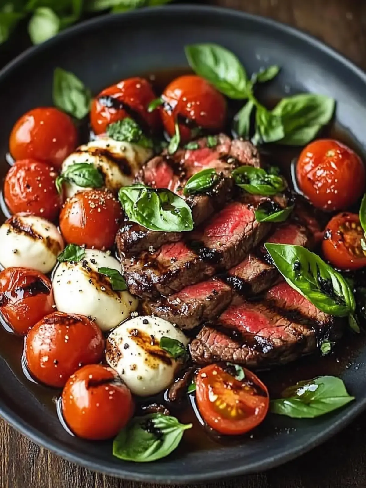 Grilled Balsamic Steak Caprese with Mozzarella, Tomatoes, and Basil