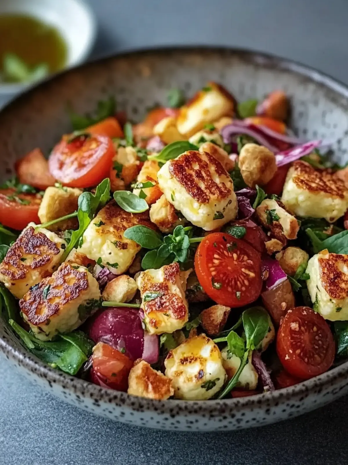 Kritharaki-Salat mit Halloumi-Croutons