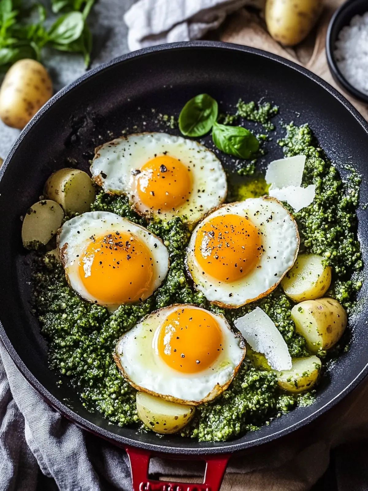 Pesto Eggs & Potato Pan for Quick Cooking