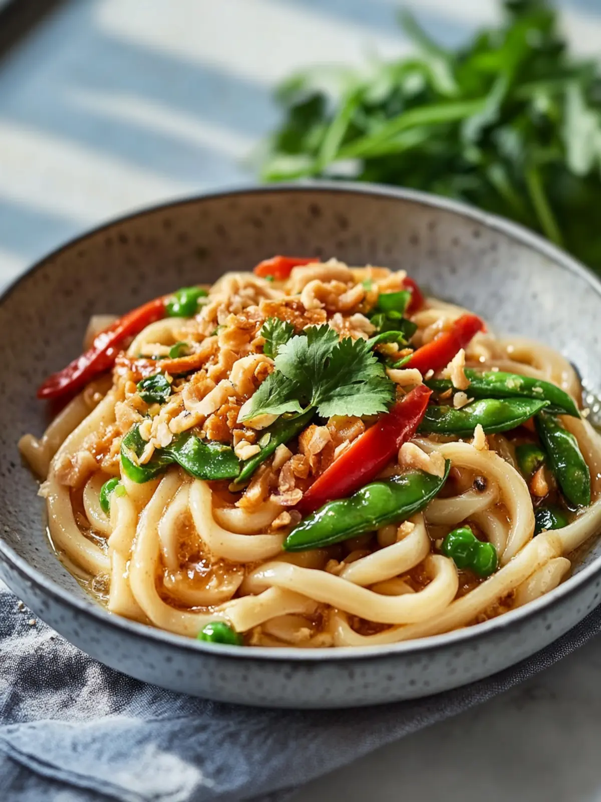 Mini Udon Nudeln mit Erdnusssauce und Gemüse