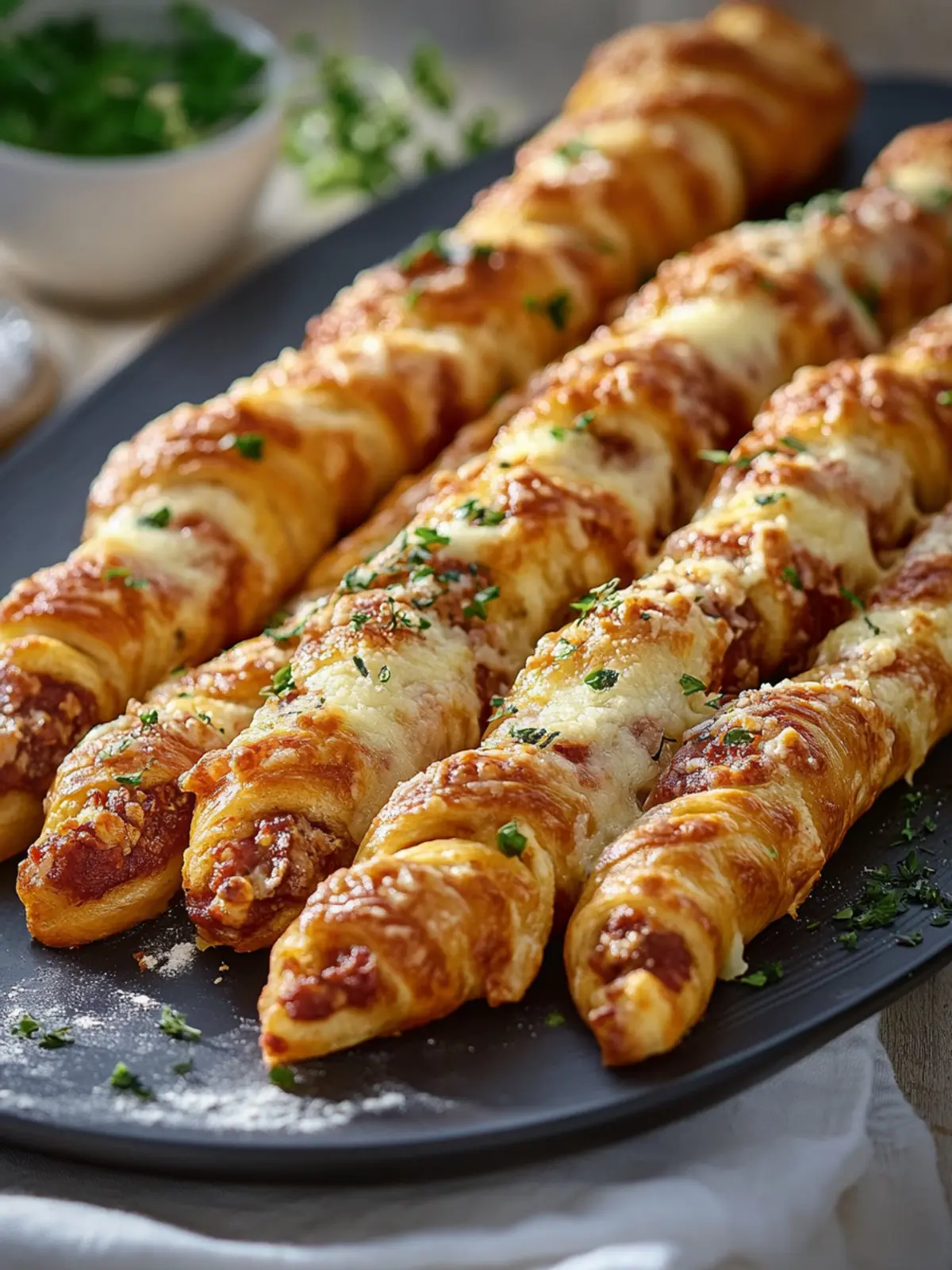 Leckere Pizzastangen Twists mit Rindfleisch und Parmesan