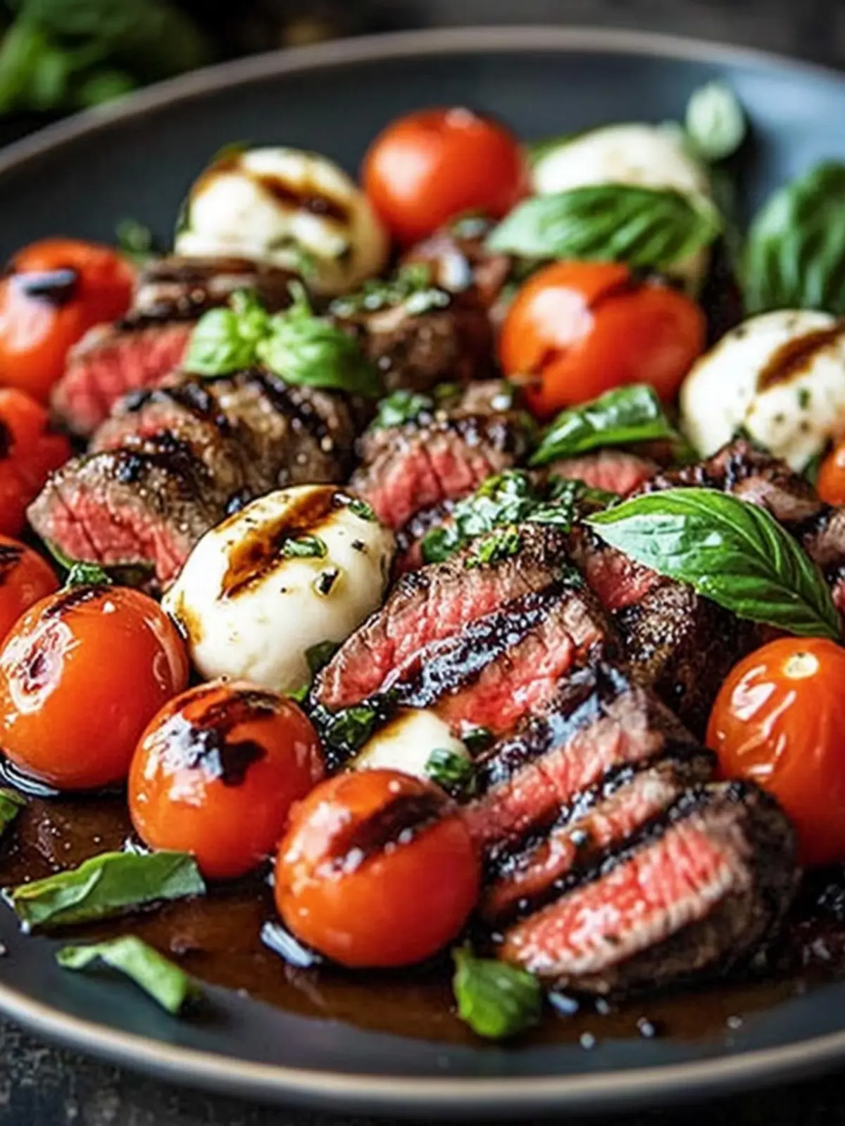 Grilled Balsamic Steak Caprese with Mozzarella, Tomatoes, and Basil