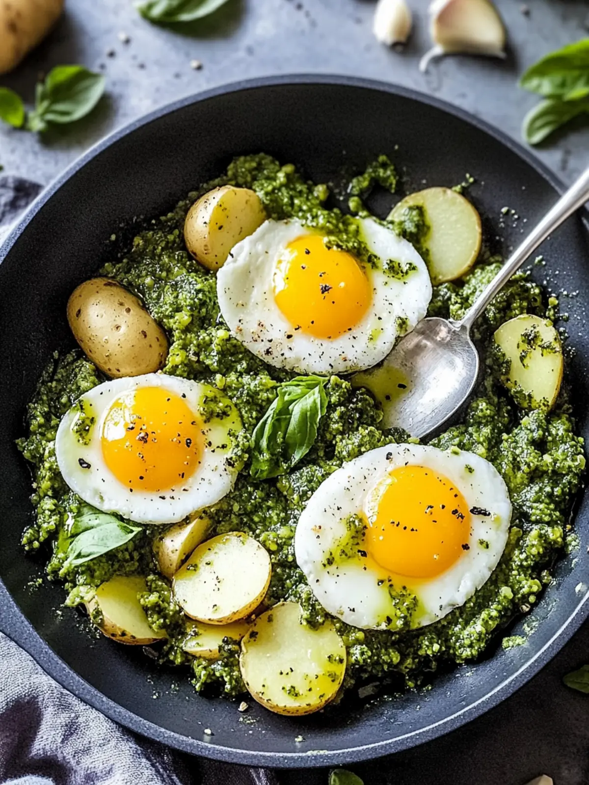 Pesto Eggs & Potato Pan for Quick Cooking