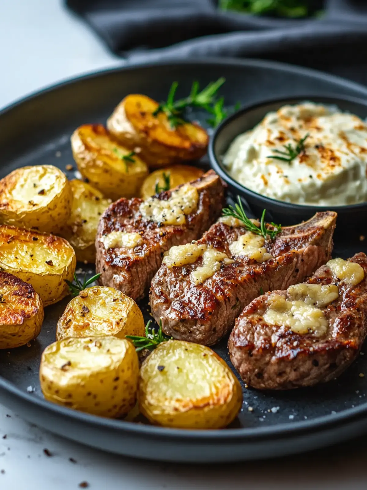 Blechpfannensteak und Parmesan-Creme-Kartoffelboote