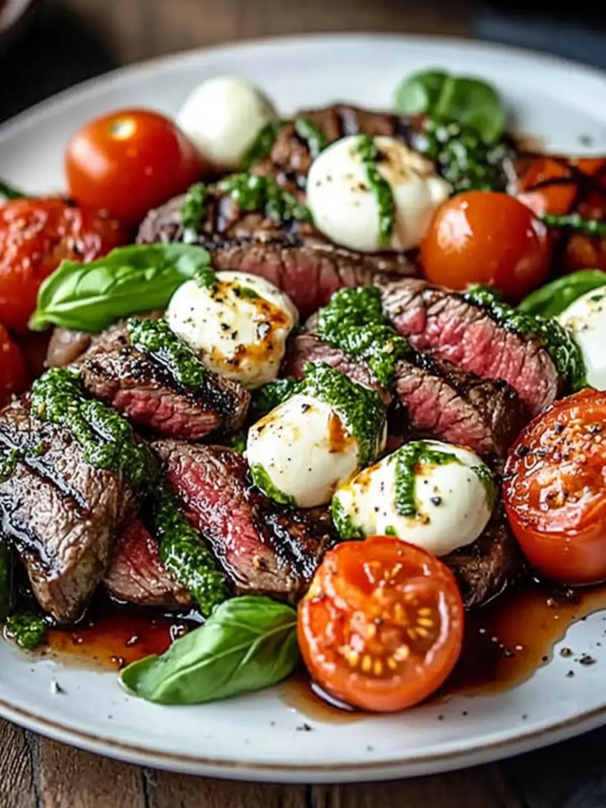 Grilled Balsamic Steak Caprese with Mozzarella, Tomatoes, and Basil