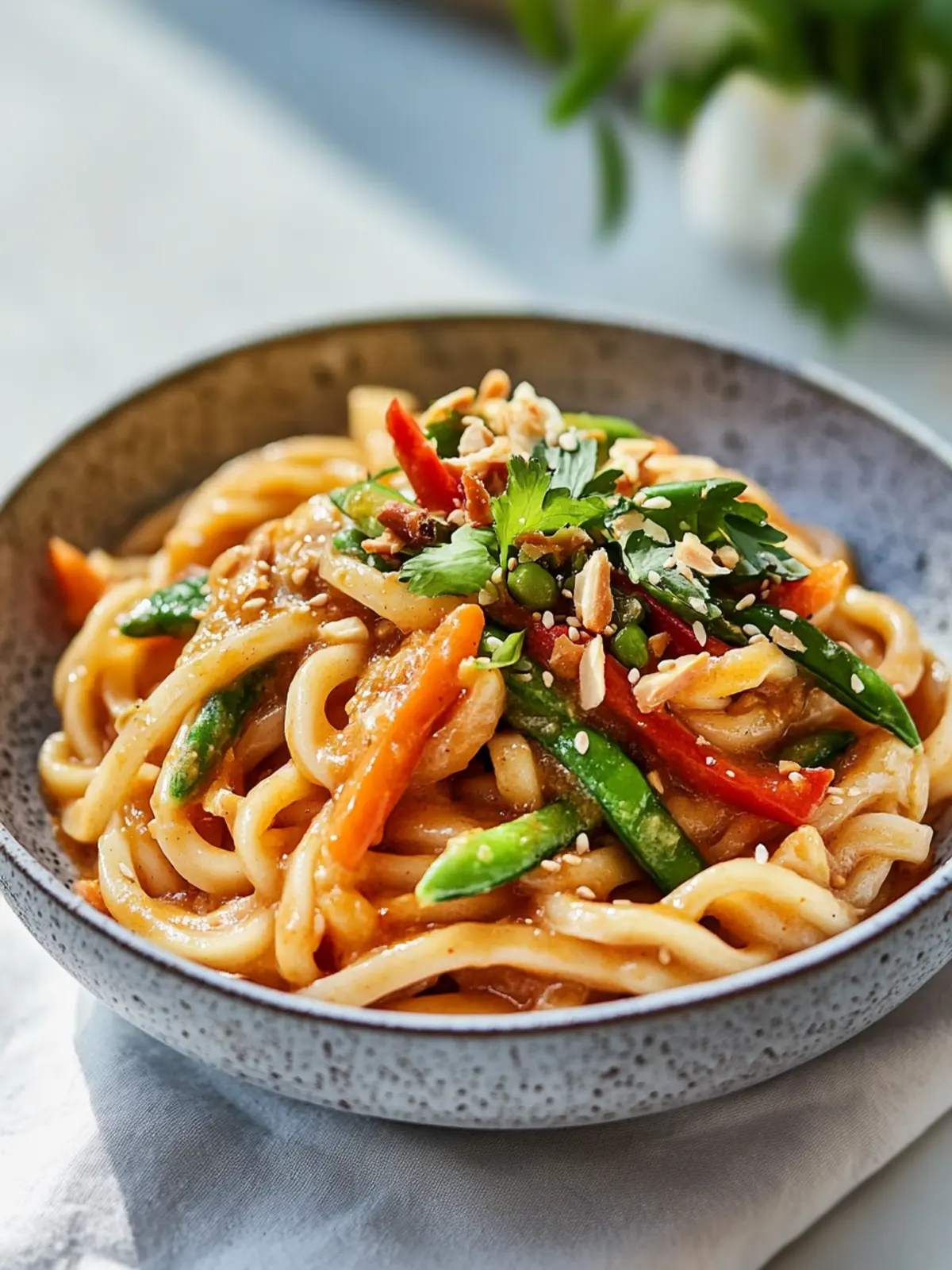 Mini Udon Nudeln mit Erdnusssauce und Gemüse