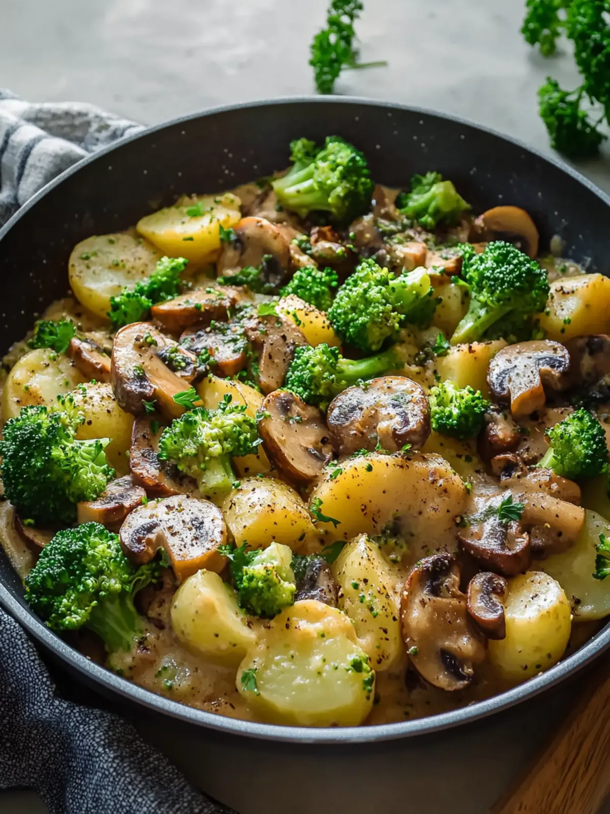 Herzhafte Brokkoli-Kartoffel-Pfanne mit Pilzen