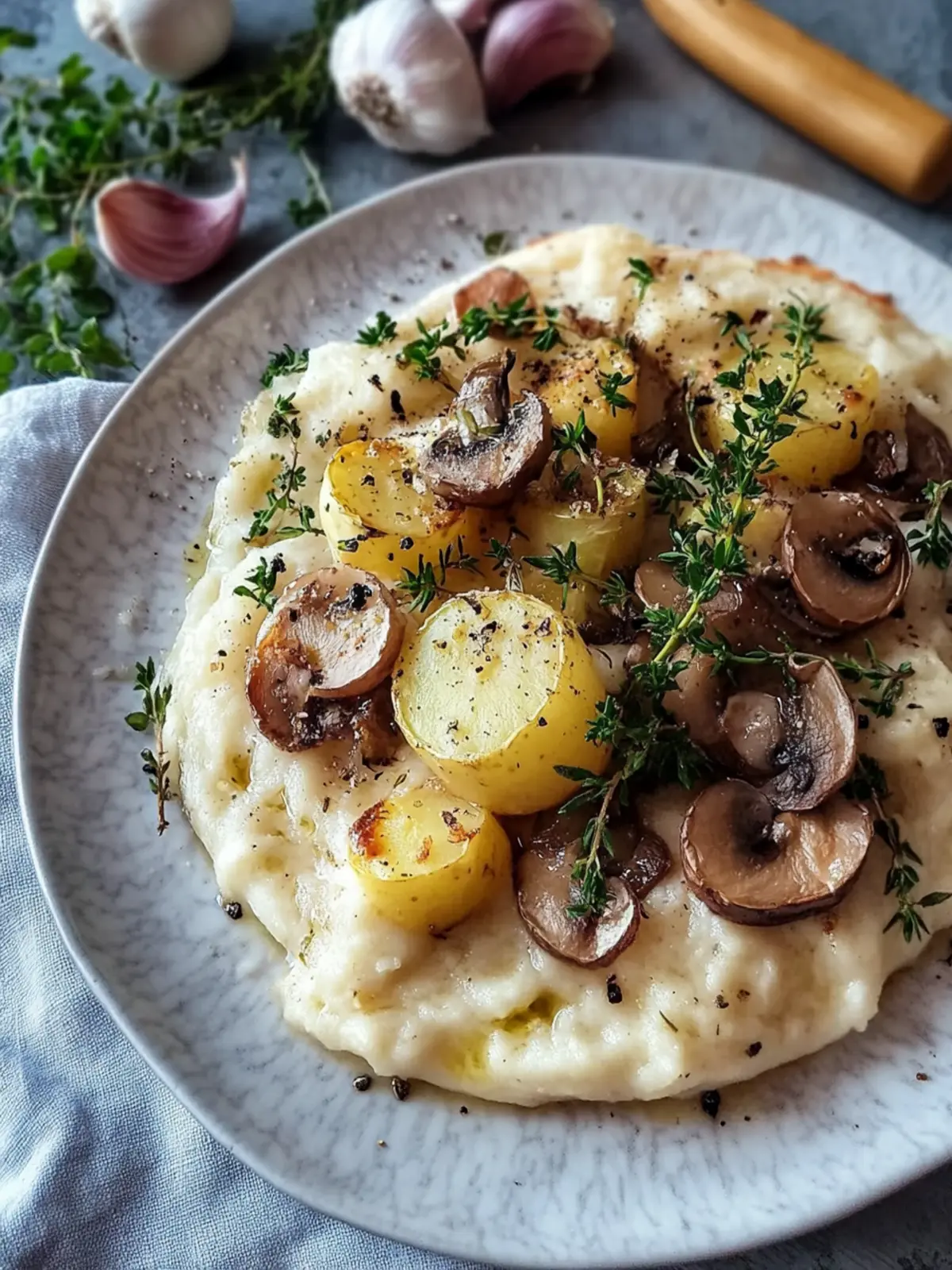 Pilzpfanne mit Rosenkohl und Kartoffelpüree