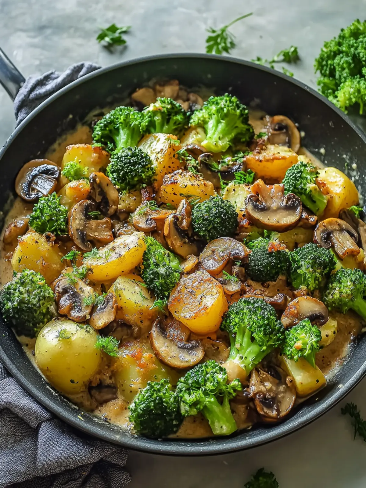 Herzhafte Brokkoli-Kartoffel-Pfanne mit Pilzen