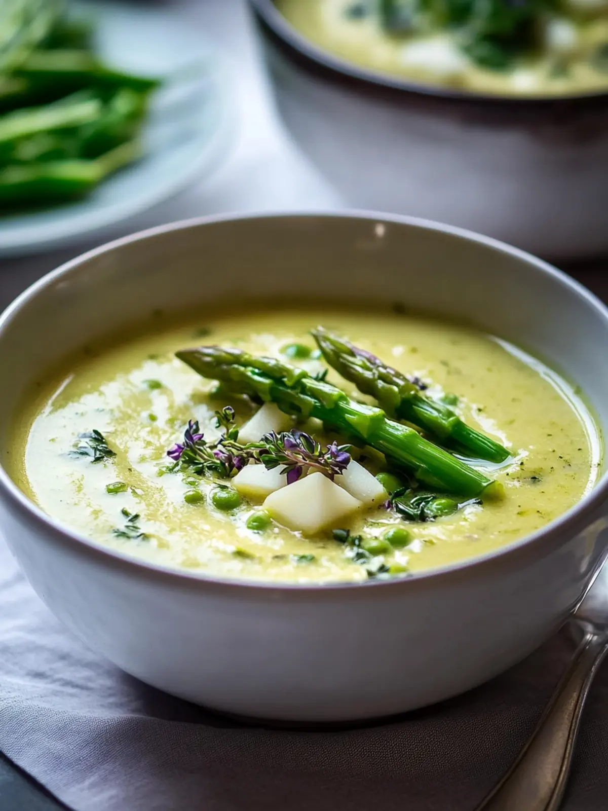 Spargel soup with vegetables and asparagus pieces