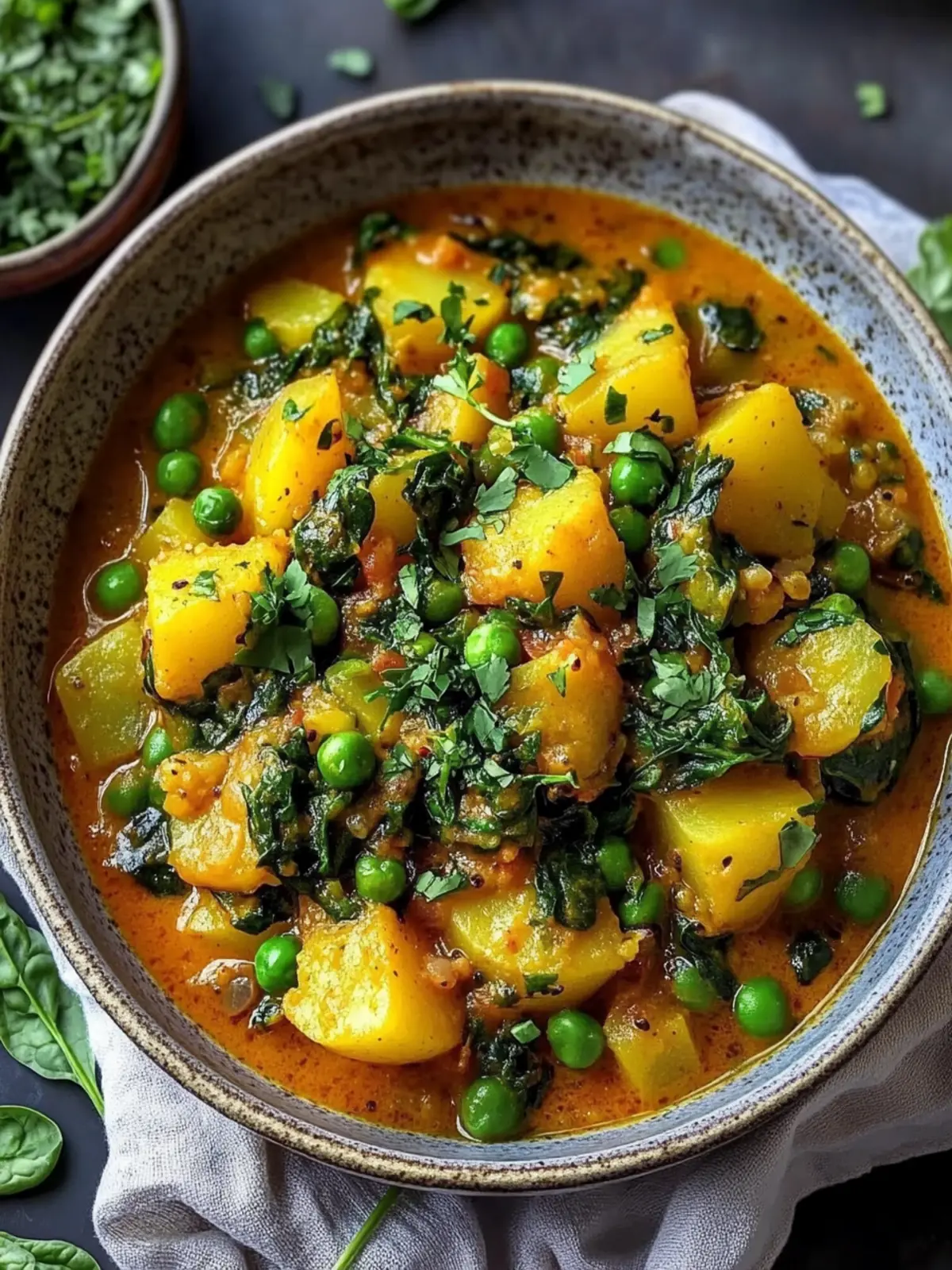Veganes Kartoffelcurry mit Spinat & Erbsen