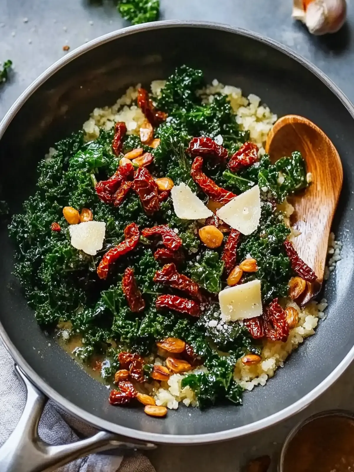 Quick kale skillet dish with sun-dried tomatoes