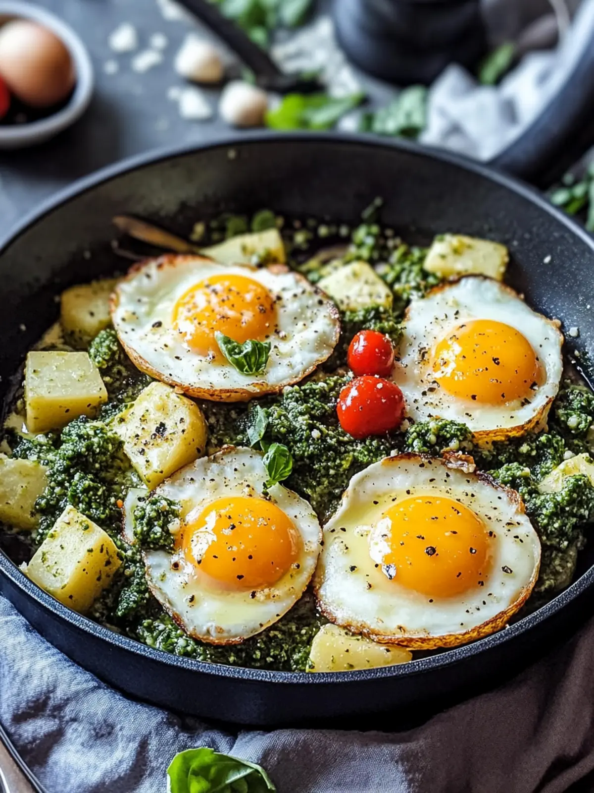Pesto Eggs & Potato Pan for Quick Cooking
