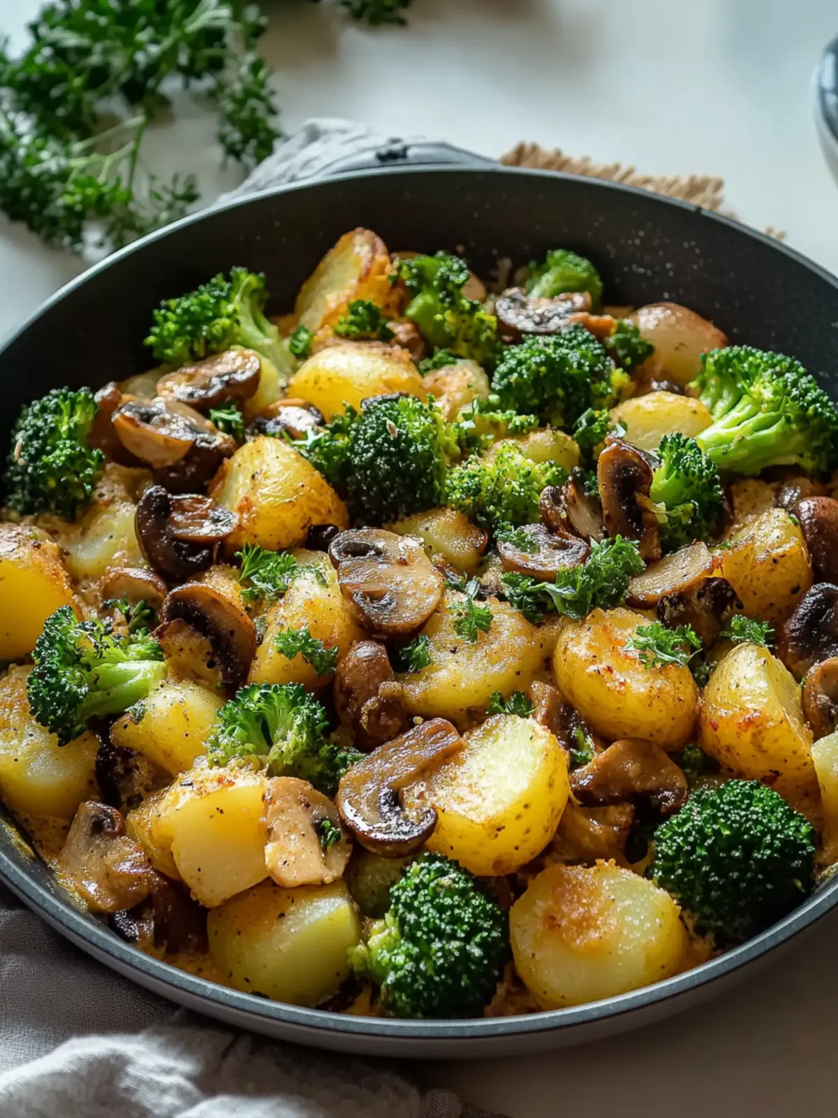 Herzhafte Brokkoli-Kartoffel-Pfanne mit Pilzen