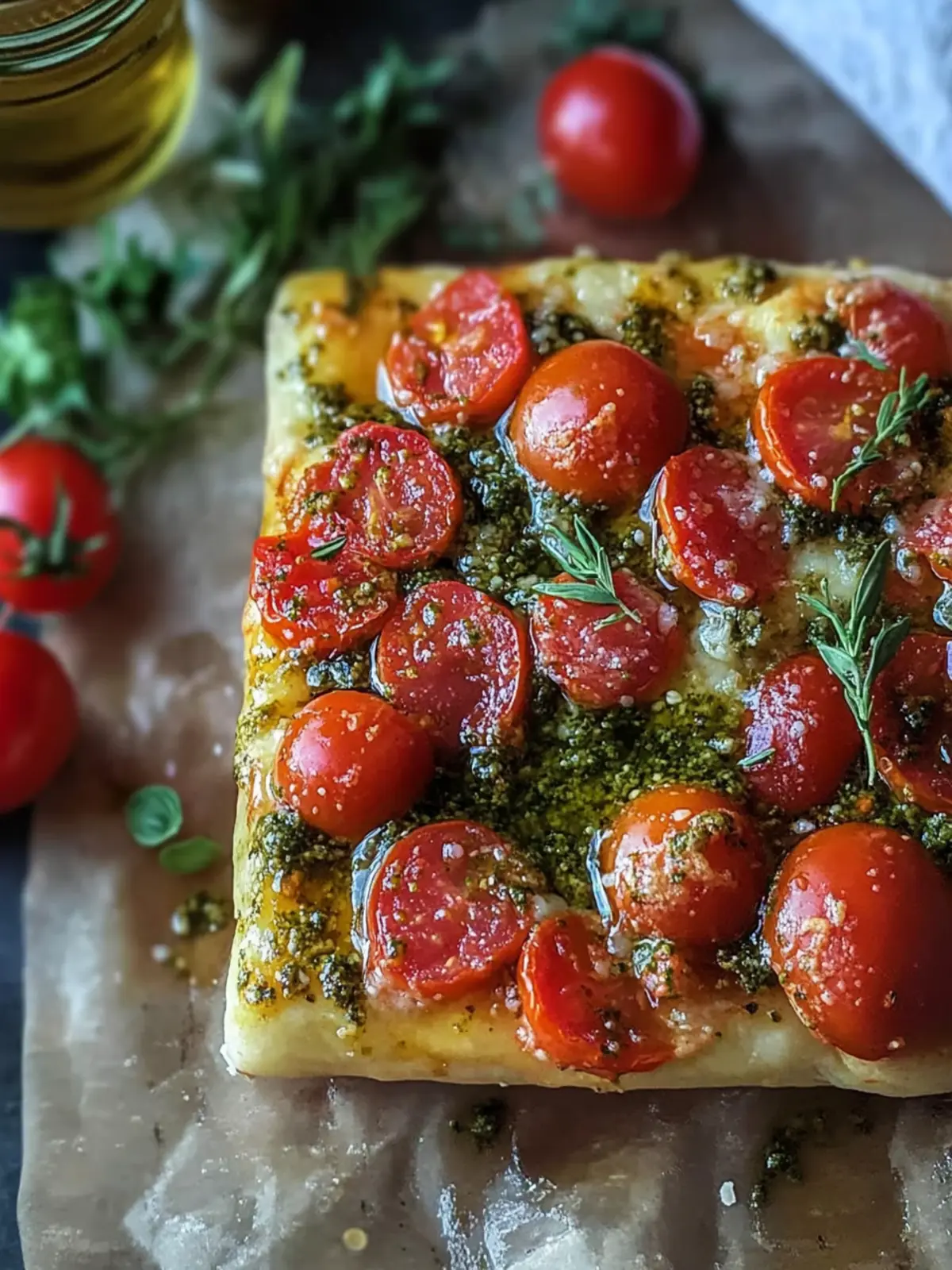 Die beste Focaccia mit Pesto und Tomaten