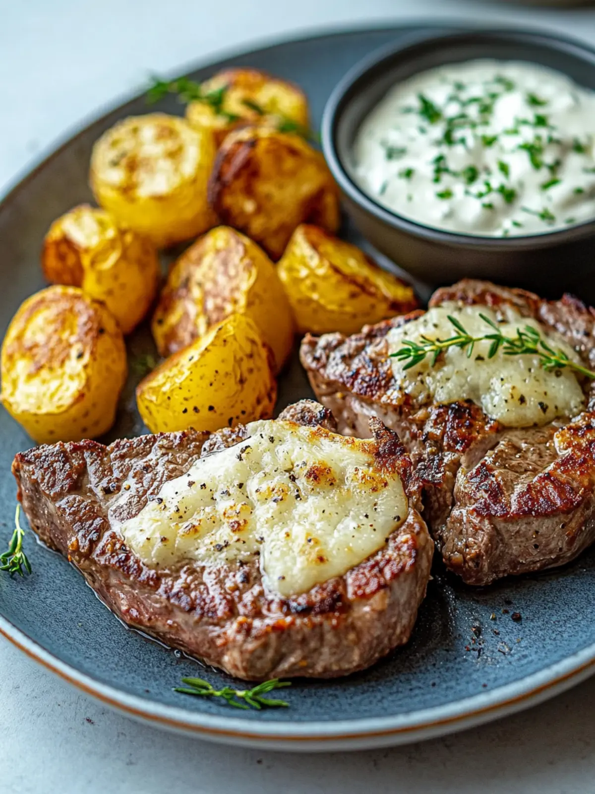 Blechpfannensteak und Parmesan-Creme-Kartoffelboote
