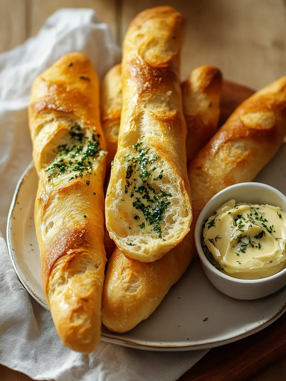 Delicious stick bread with herb butter for dipping