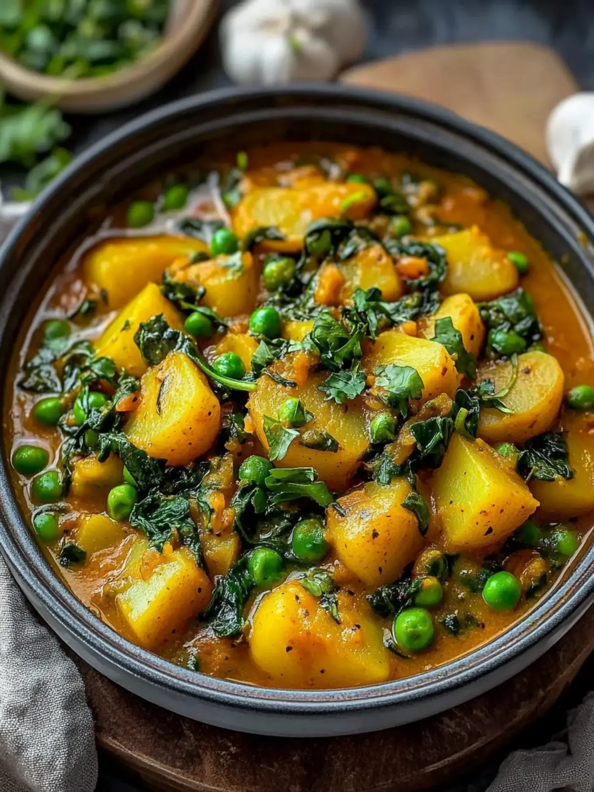 Veganes Kartoffelcurry mit Spinat & Erbsen