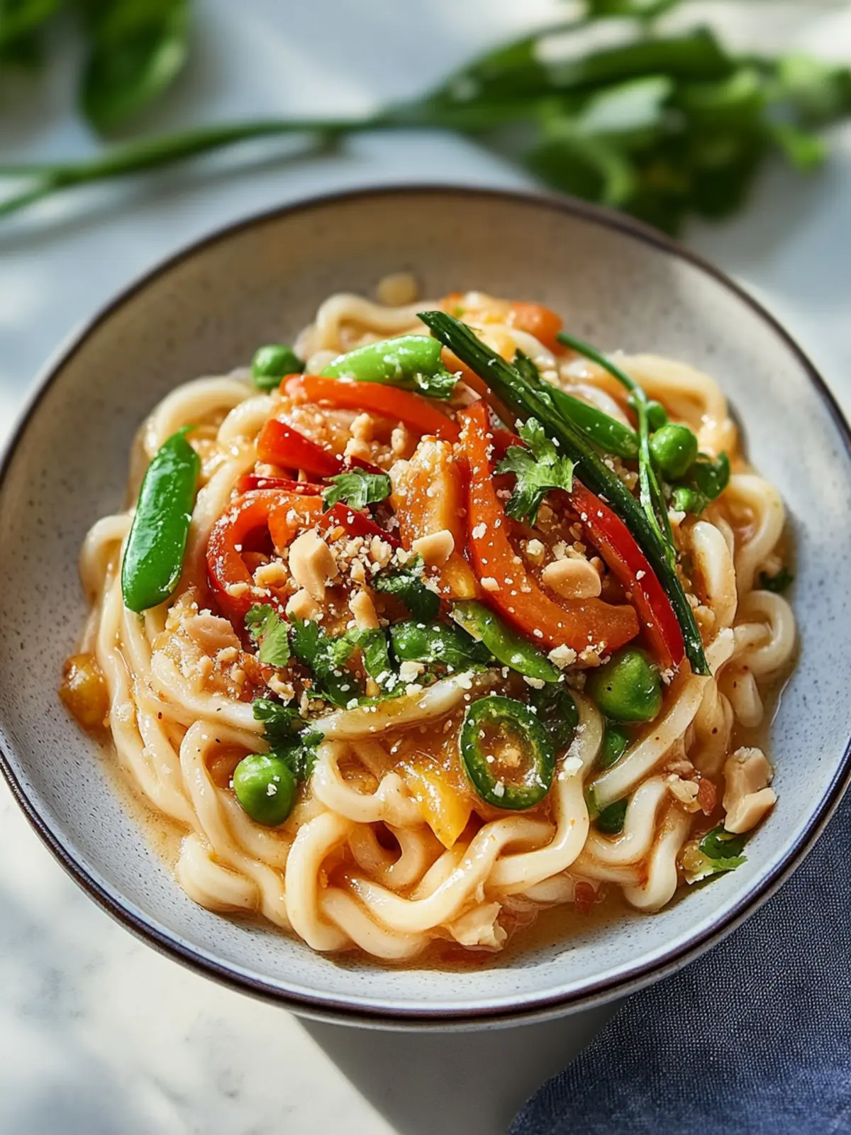Mini Udon Nudeln mit Erdnusssauce und Gemüse