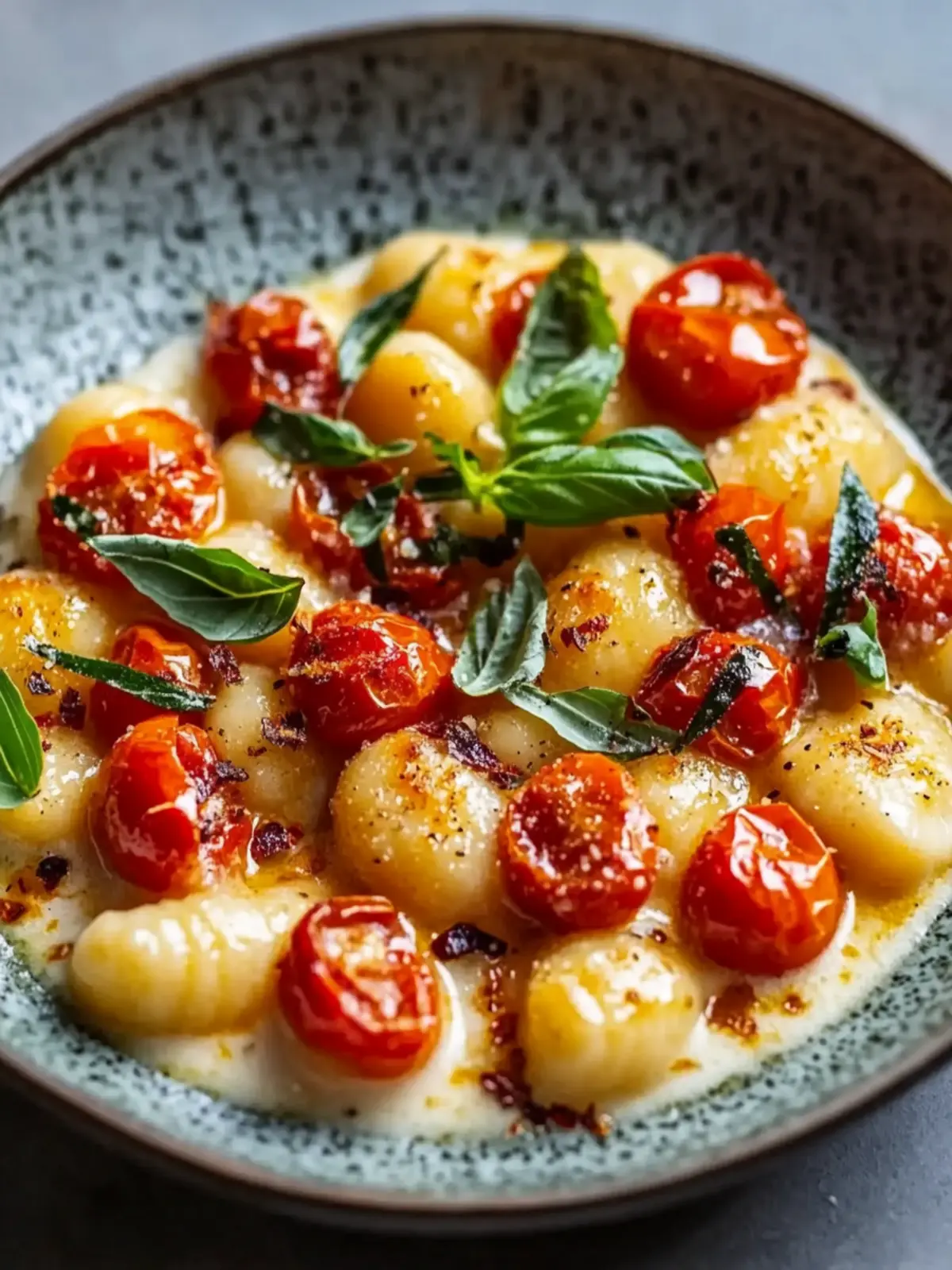 Delicious creamy gnocchi with roasted tomatoes and coconut