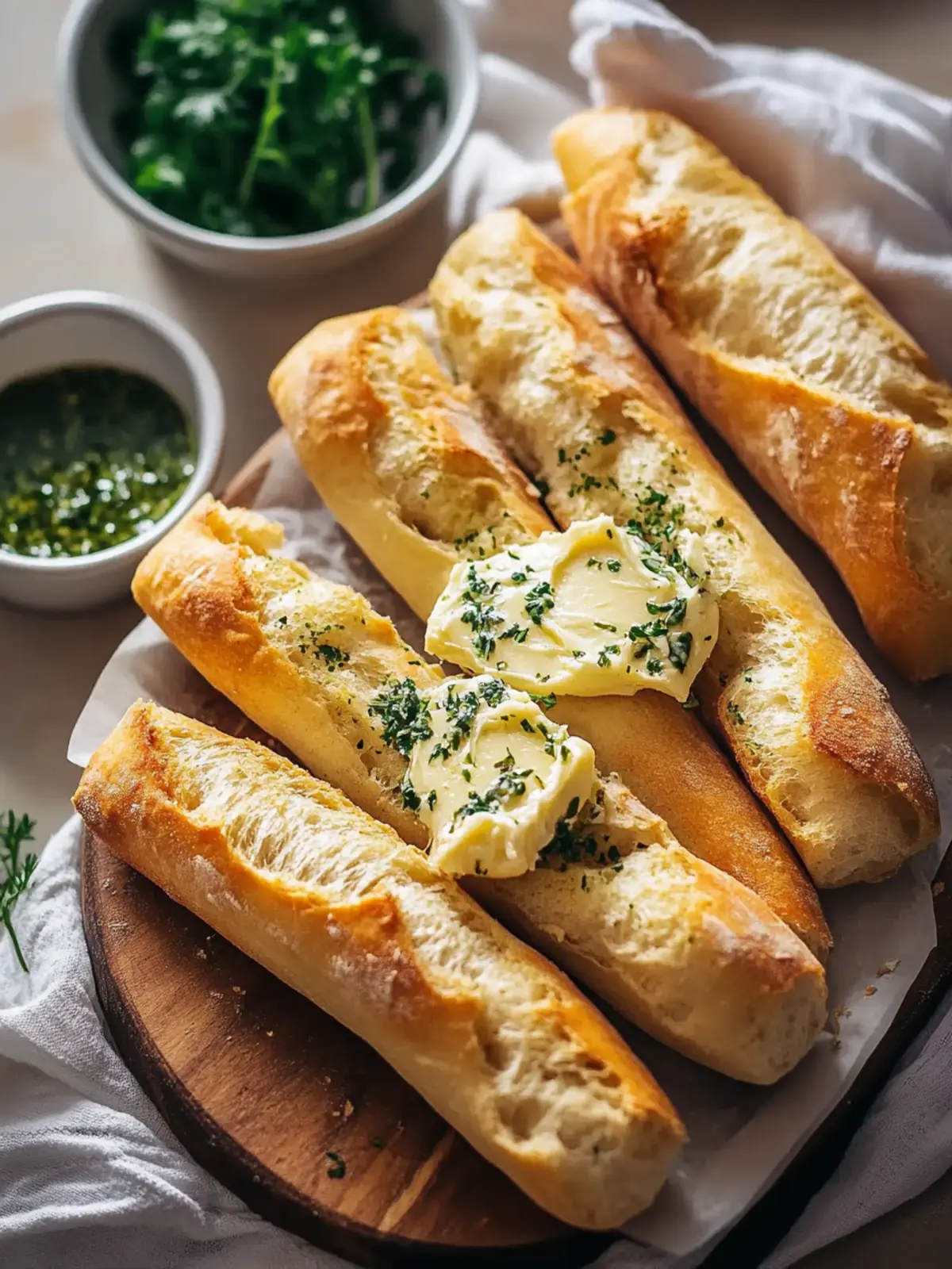 Delicious stick bread with herb butter for dipping