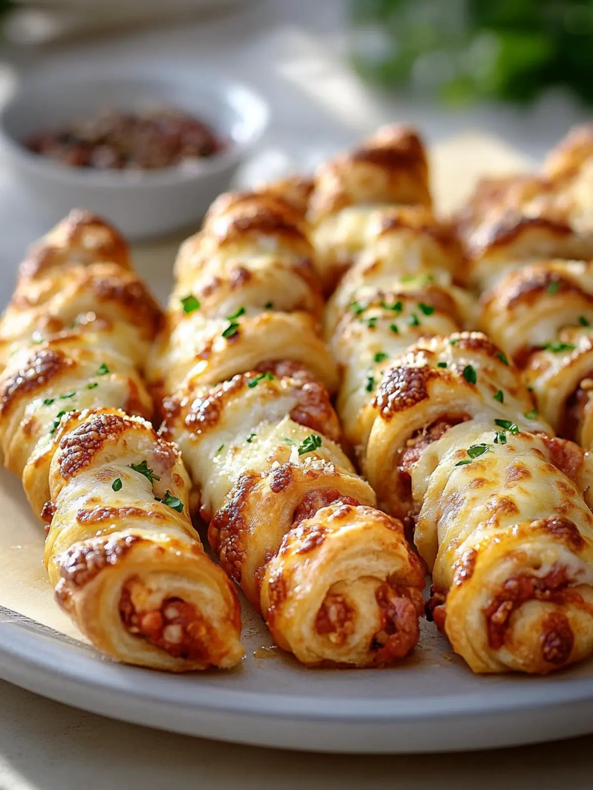 Leckere Pizzastangen Twists mit Rindfleisch und Parmesan