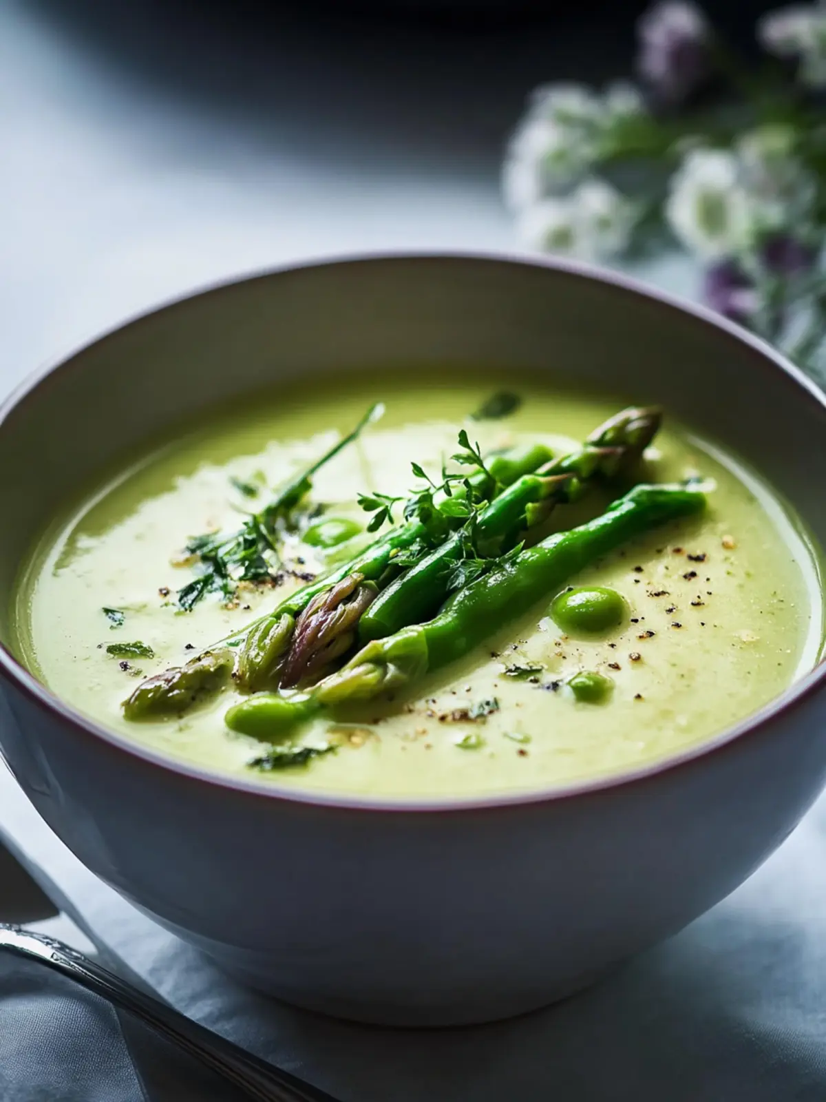 Spargel soup with vegetables and asparagus pieces