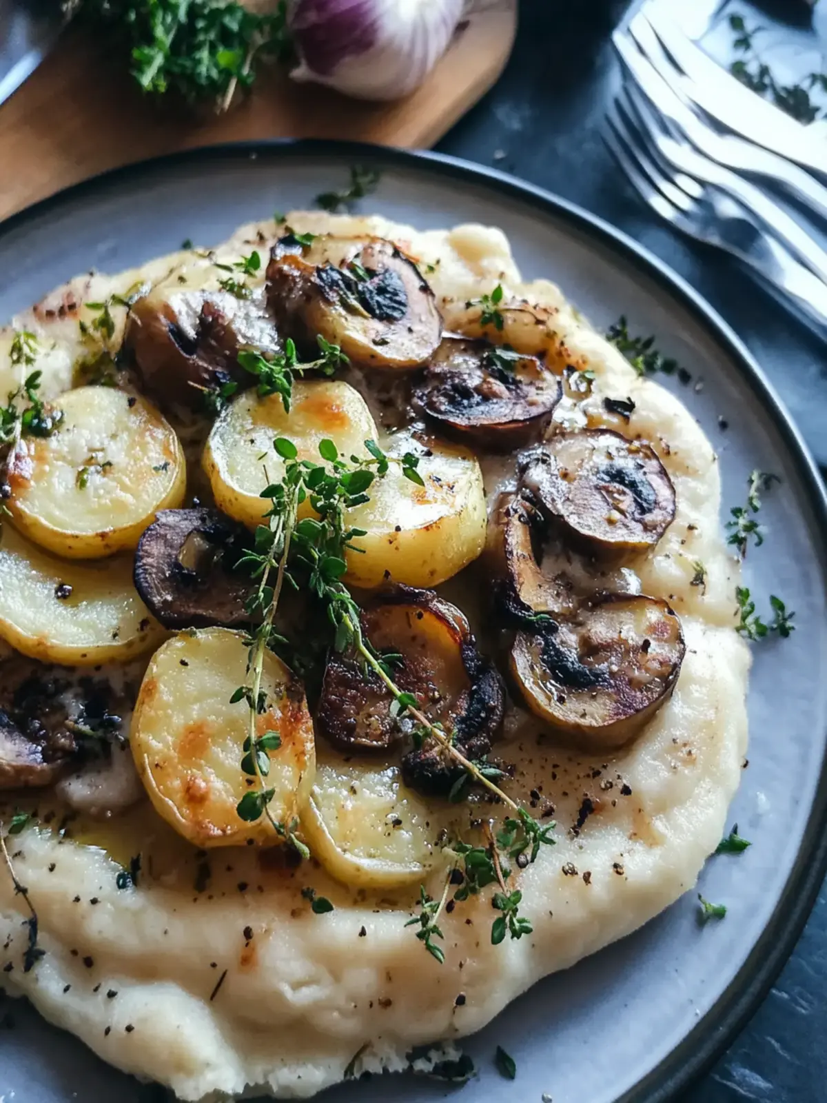 Pilzpfanne mit Rosenkohl und Kartoffelpüree