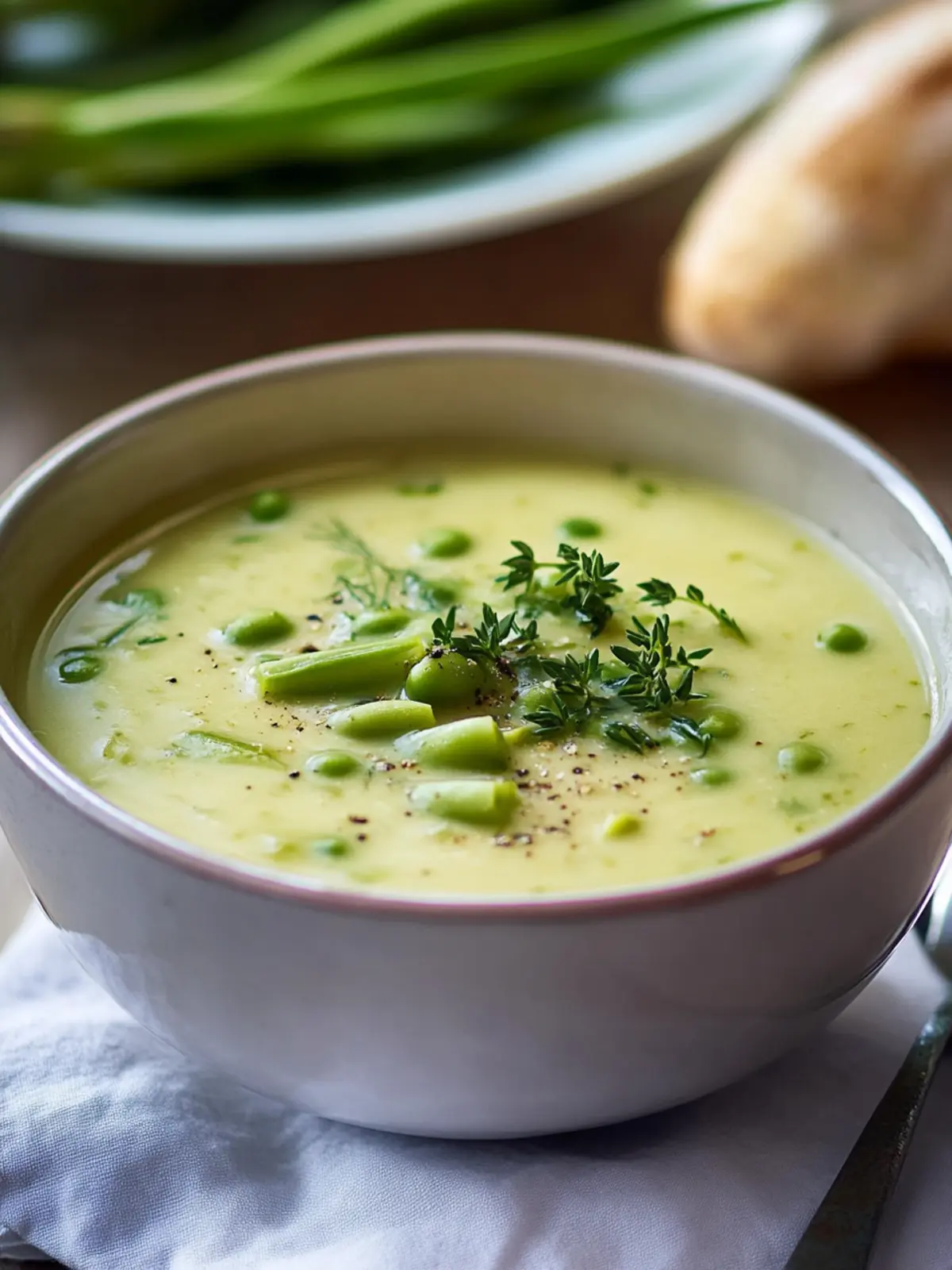 Spargel soup with vegetables and asparagus pieces