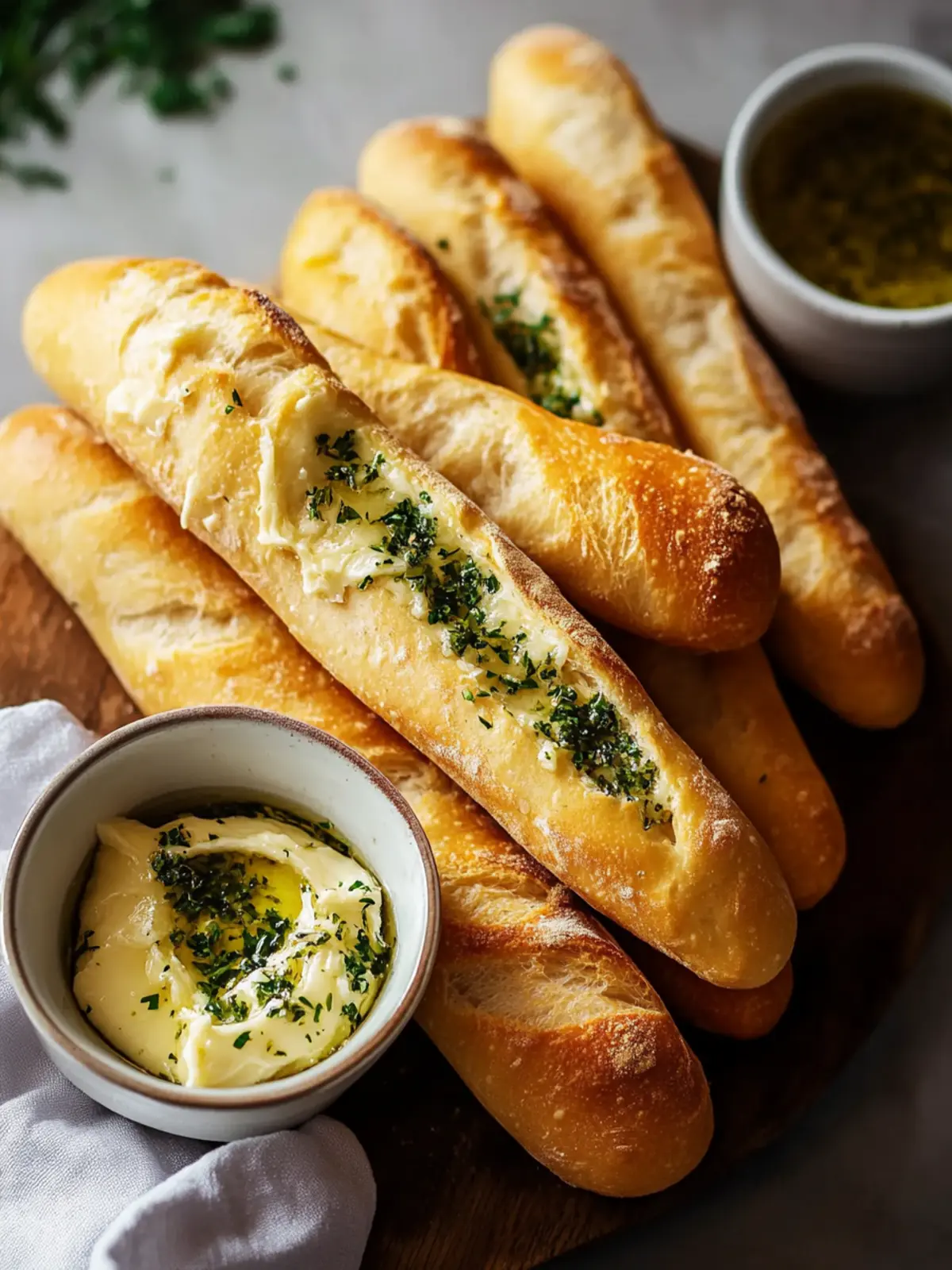 Delicious stick bread with herb butter for dipping