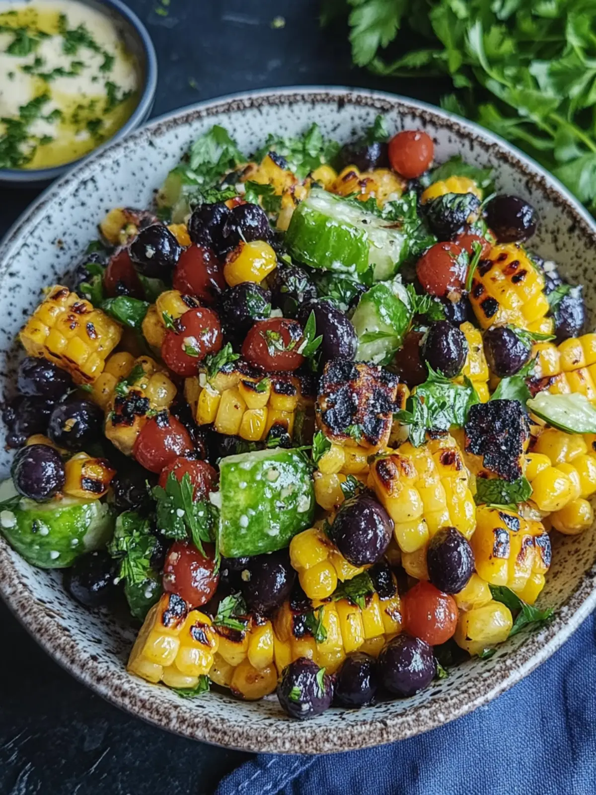 Frischer gegrillter Mais- und Schwarzbohnensalat